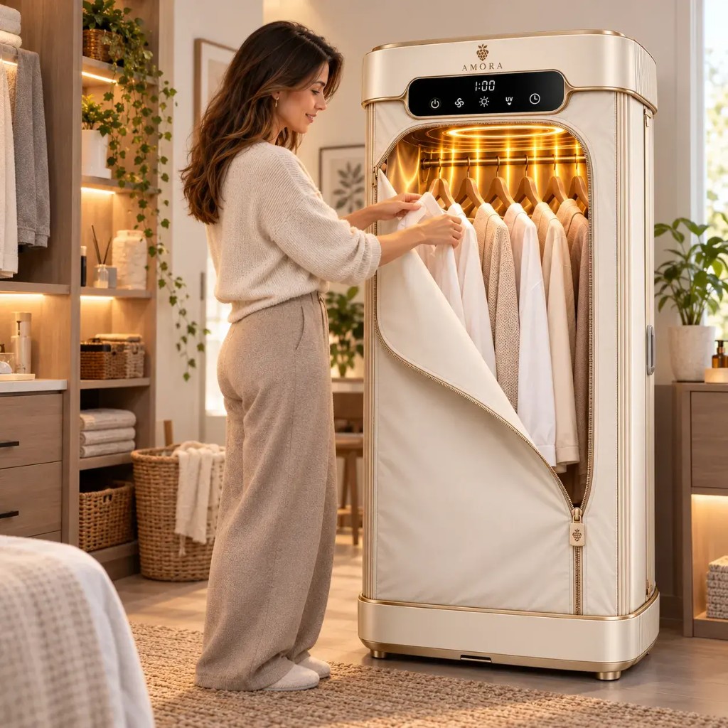 Secador portátil Amora a secar roupa pendurada