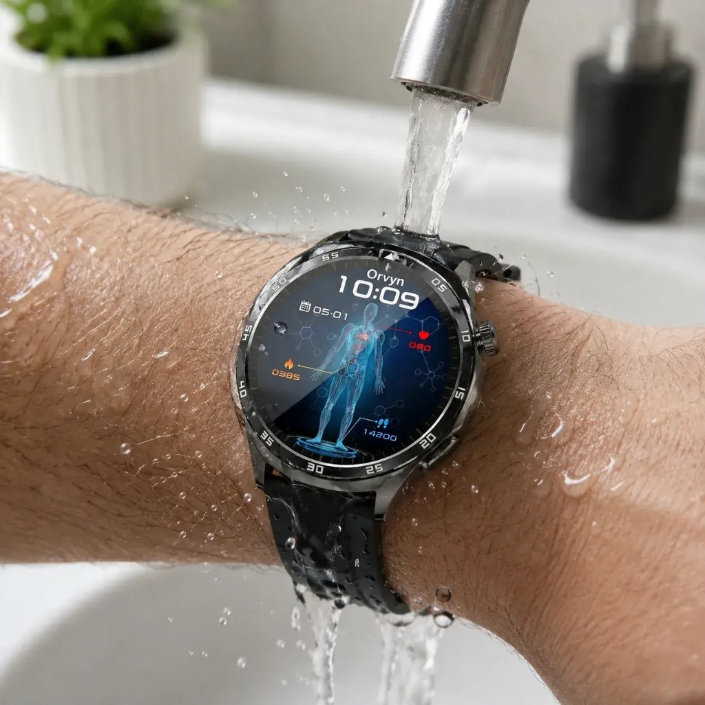 Orvyn voděodolný smartwatch pod tekoucí vodou