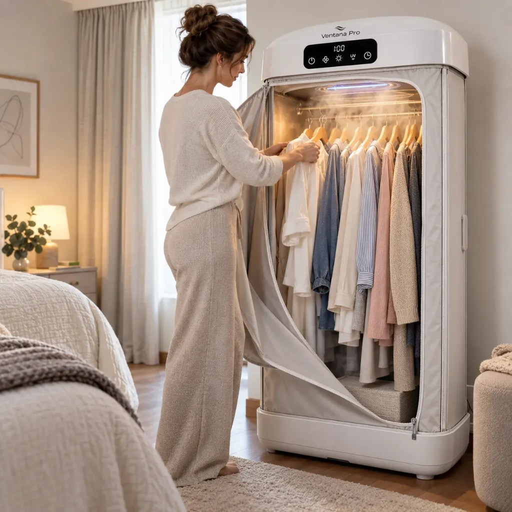 Secador portátil Ventana Pro a secar roupa pendurada